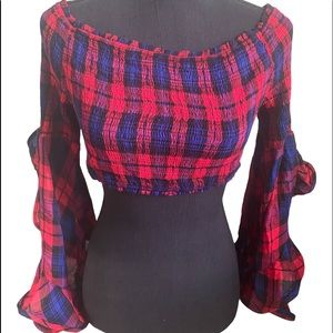 Off the Shoulder Plaid Printed Top